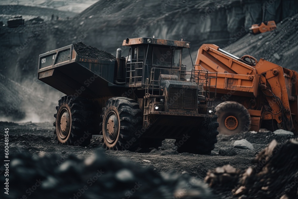 Heavy machinery in the mining quarry, coal industry. Generative AI