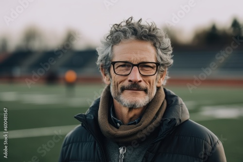 portrait of middle aged man in eyeglasses standing on football field