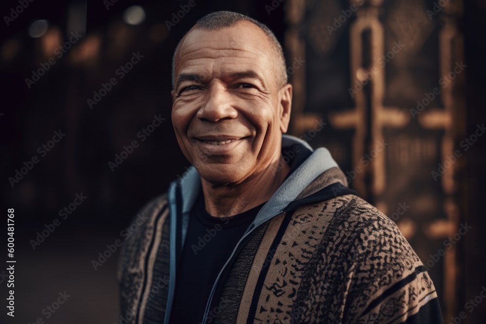 Medium shot portrait photography of a pleased man in his 50s wearing a comfortable tracksuit against an ancient egyptian or hieroglyphics background. Generative AI