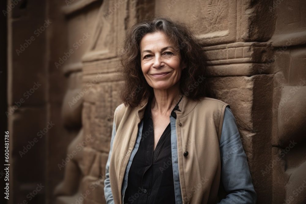 Medium shot portrait photography of a grinning woman in her 50s wearing a smart pair of trousers against an ancient egyptian or hieroglyphics background. Generative AI