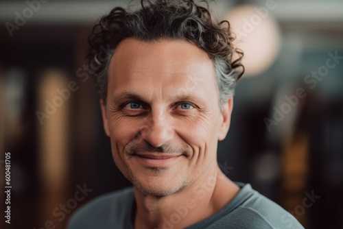portrait of smiling middle aged man looking at camera while standing in cafe
