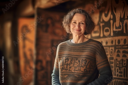 Full-length portrait photography of a pleased woman in her 50s wearing a cozy sweater against an ancient egyptian or hieroglyphics background. Generative AI © Robert MEYNER