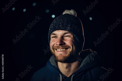 Portrait of a smiling man in winter clothes on a black background