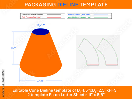 Cake Ice cream cone D1 1.5xD2 2.5xH 3 inch Dieline Template