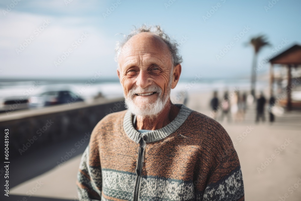 Portrait of happy senior man standing on promenade at seaside Portrait of happy senior man standing on promenade at seaside