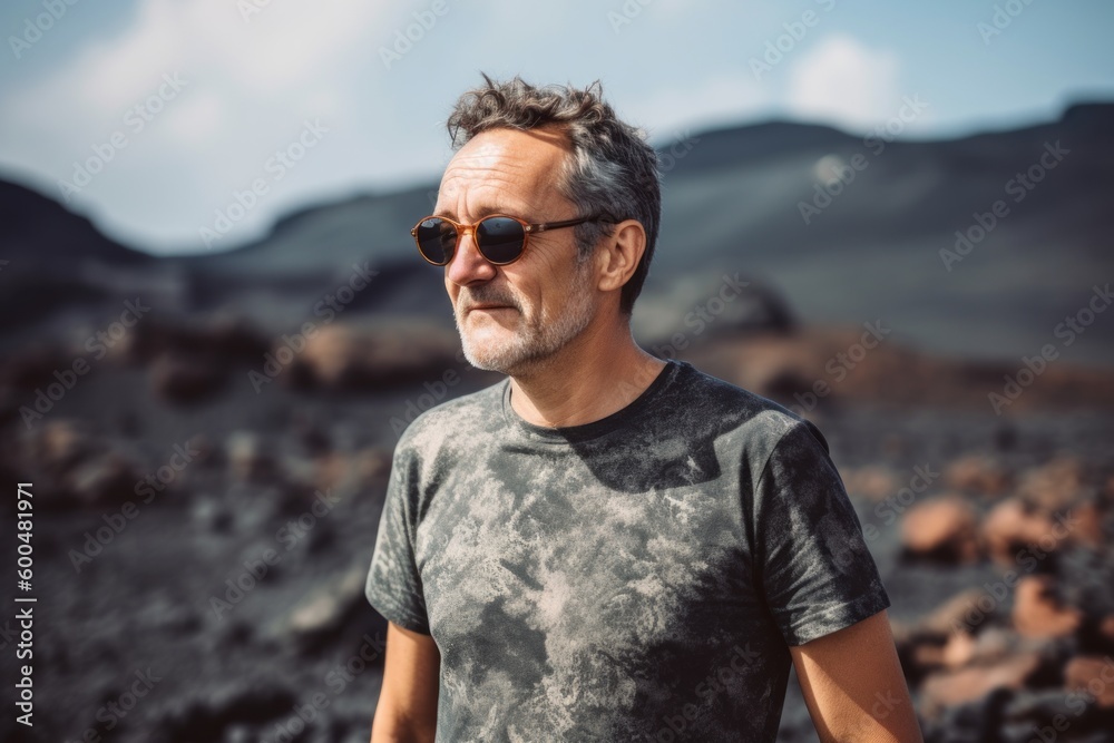 Handsome middle aged man with gray hair and beard wearing sunglasses, looking at the camera while standing on a lava field Handsome middle aged man with gray hair and beard wearing sunglasses, looking at the camera while standing on a lava field