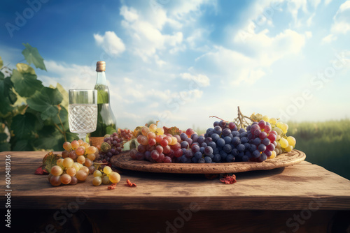 Vineyard Bliss. lush grape vine with fruit and wine arranged over a table. Blue sky backdrop. Space to promote a product ad. AI Generative