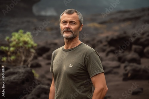 Portrait of a handsome mature man standing in the middle of a volcanic landscape