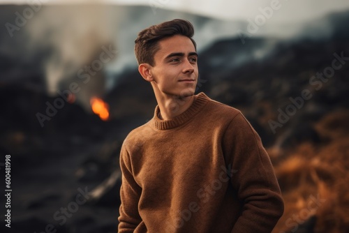 Portrait of a handsome young man standing in front of a bonfire