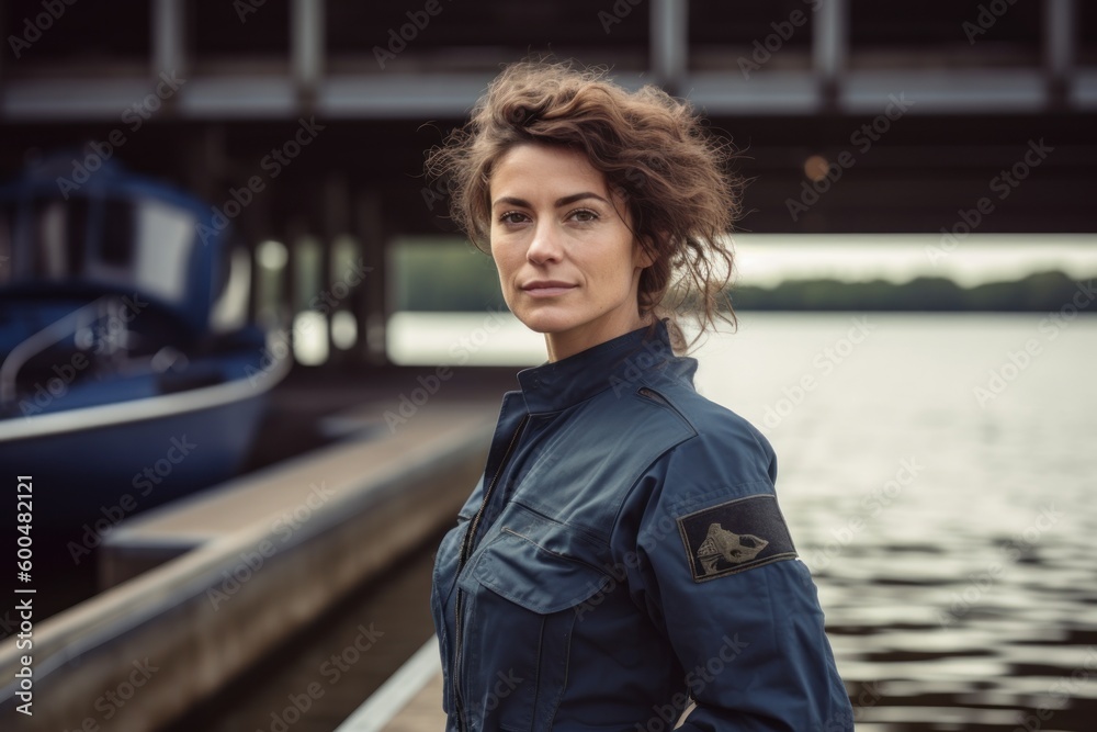 Portrait of a beautiful young woman with curly hair, wearing a blue jacket, standing by the river.