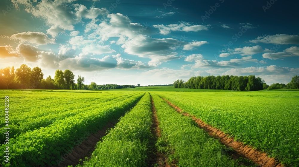 Idyllic agriculture-themed background, a verdant, sunlit field of thriving crops stretching to the horizon. Generative AI