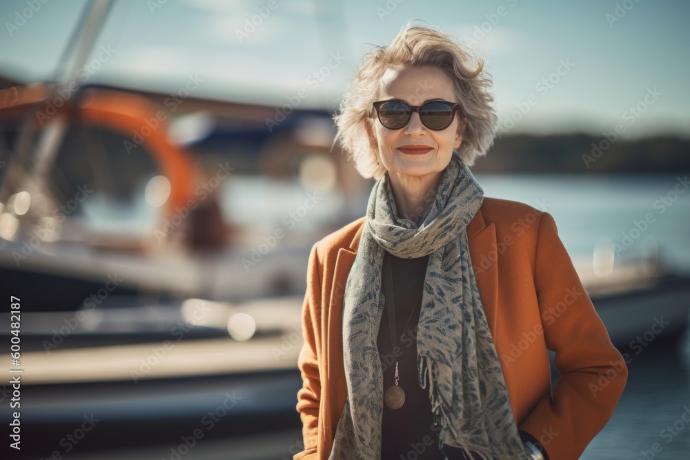Portrait of a beautiful fashionable middle-aged woman in sunglasses and a coat on the pier. Portrait of a beautiful fashionable middle-aged woman in sunglasses and a coat on the pier.