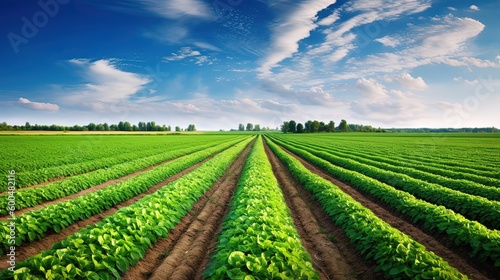 Idyllic agriculture-themed background  a verdant  sunlit field of thriving crops stretching to the horizon. Generative AI