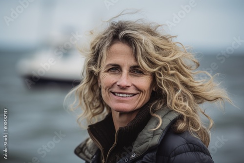 Portrait of smiling woman looking at camera on a windy day © Robert MEYNER