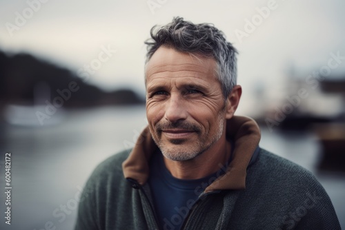 Portrait of handsome mature man with grey hair and beard looking at camera with smile while standing on pier