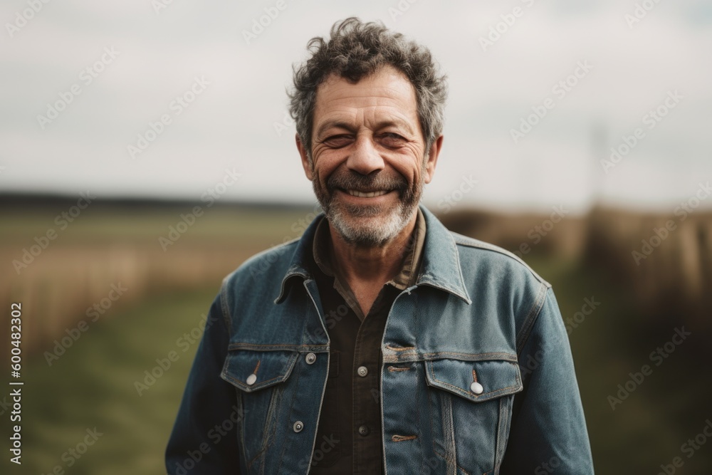 Group portrait photography of a grinning man in his 50s wearing a denim jacket against a field or meadow background. Generative AI Group portrait photography of a grinning man in his 50s wearing a denim jacket against a field or meadow background. Generative AI