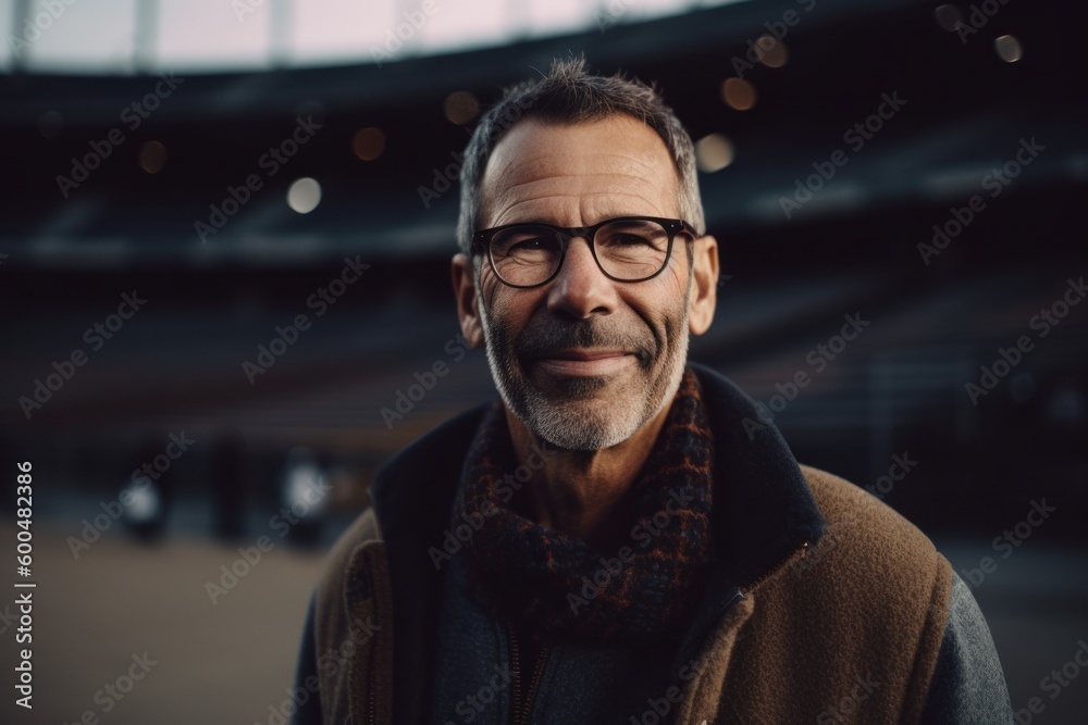 Portrait of handsome mature man in eyeglasses looking at camera while standing outdoors