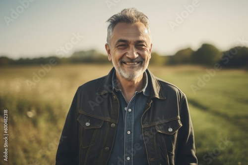Portrait of a handsome mature man standing in the field and smiling.