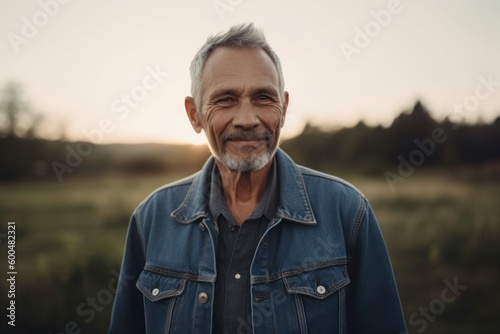 Portrait of a senior man with gray hair in a denim jacket standing in the field.