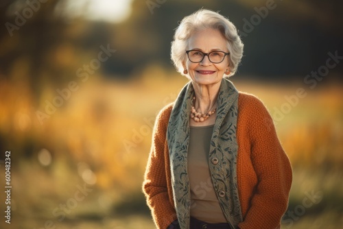Portrait of a smiling senior woman standing in the autumn park.