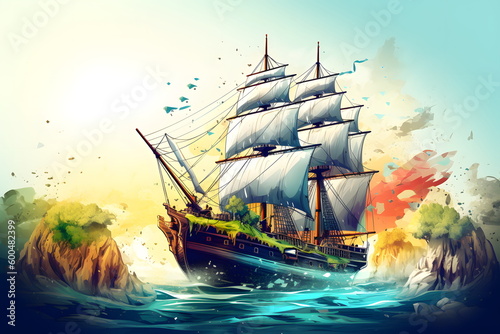Fototapet Image of sailing ship in the ocean with lot of smoke coming out of it