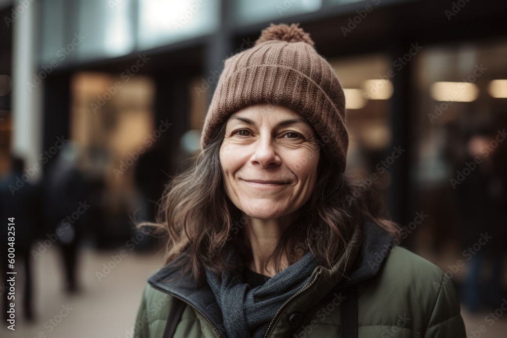 Portrait of smiling middle-aged woman in a hat and coat in the city