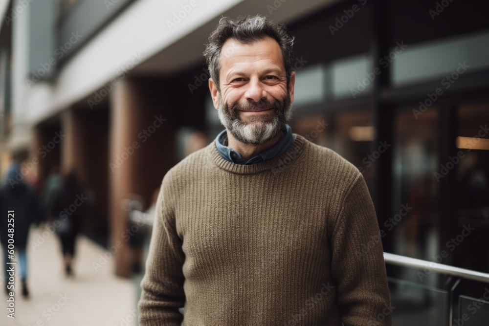 Obraz premium Portrait of a handsome middle-aged man in a beige sweater on the street.