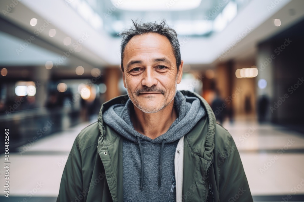 Fototapeta premium Group portrait photography of a grinning man in his 40s wearing a stylish hoodie against a shopping mall or retail background. Generative AI