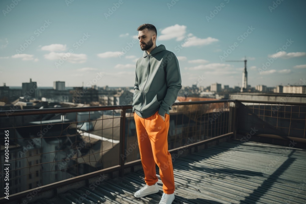 Handsome young man in sportswear standing on the roof and looking at the city