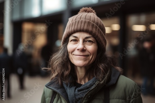 Wallpaper Mural Portrait of smiling middle-aged woman in a hat and coat in the city Torontodigital.ca