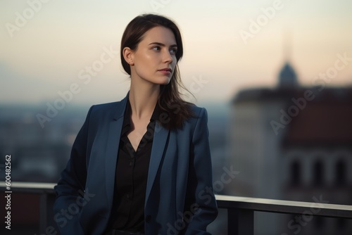 Portrait of a beautiful young brunette woman in a blue jacket on the background of the city.