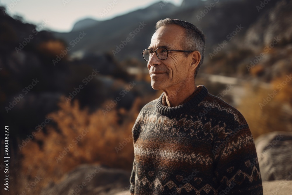 Handsome middle-aged man in a knitted sweater and glasses on the background of mountains. Handsome middle-aged man in a knitted sweater and glasses on the background of mountains.