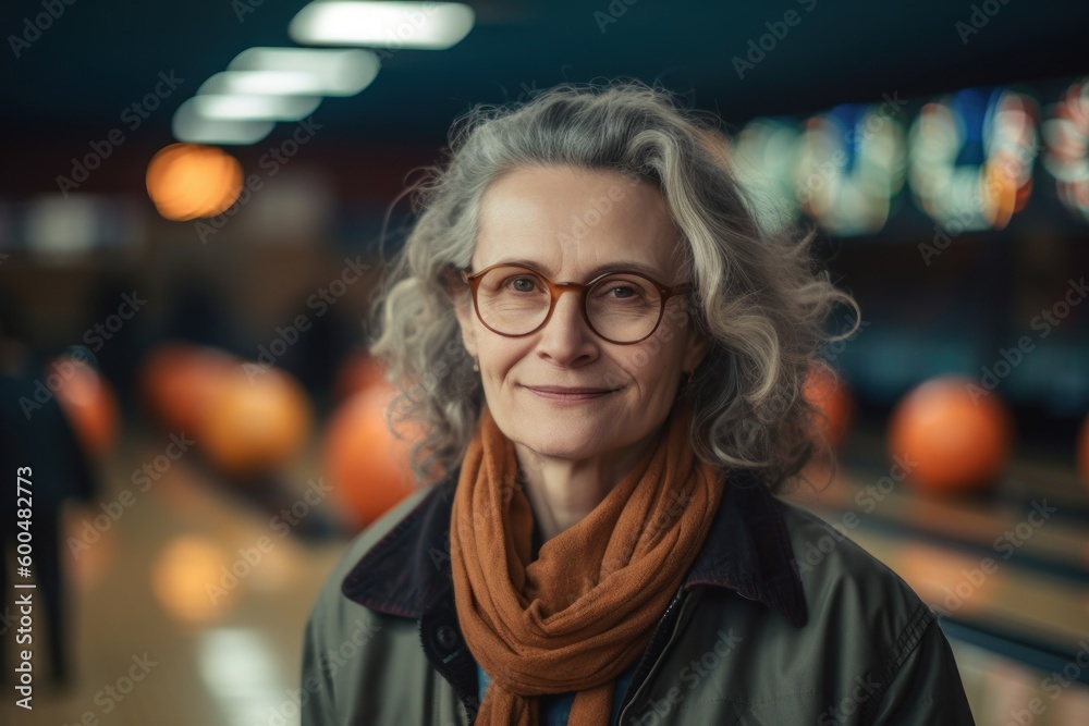 Portrait of a senior woman in bowling alley. She is wearing glasses and scarf.