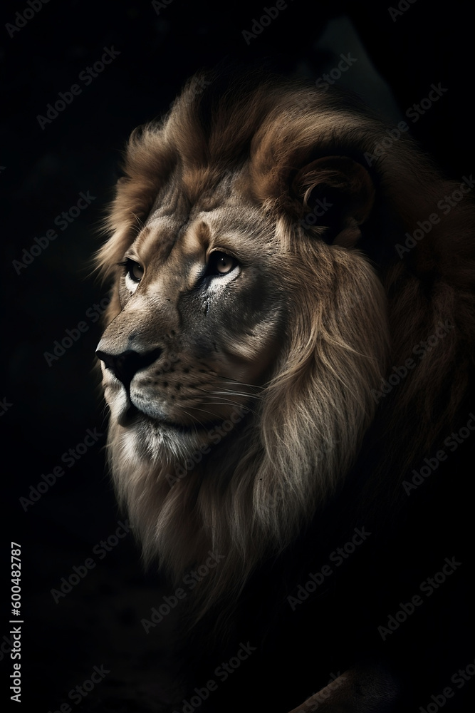 dramatique close up of a lion  on a black background, generative AI