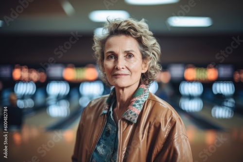 Portrait of senior woman standing in bowling alley and looking at camera