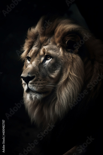 dramatique close up of a lion on a black background, generative AI