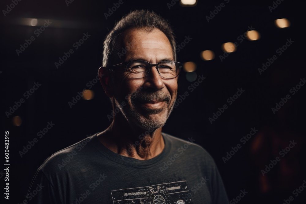 Portrait of a handsome middle-aged man with glasses in a dark room