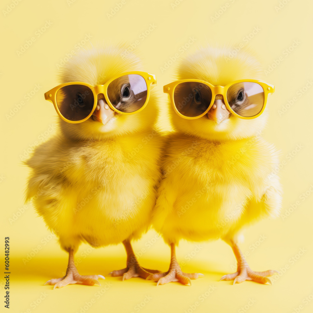 Two little yellow chicks wearing sunglasses on yellow background with yellow background. Generative AI.