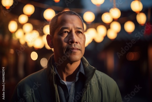 Portrait of mature Asian man looking at the camera with a blurred background