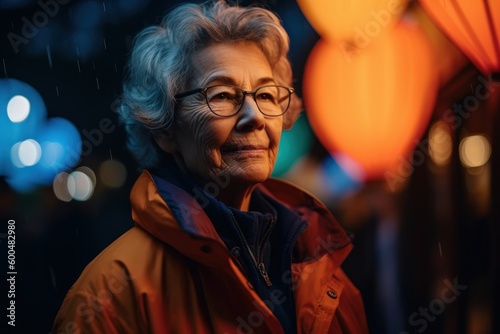 Portrait of an elderly woman in a raincoat at night.