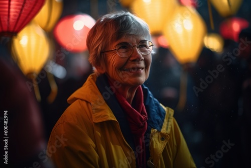 Portrait of smiling senior woman in yellow coat and eyeglasses looking at camera while standing in front of lanterns during Chinese New Year celebration