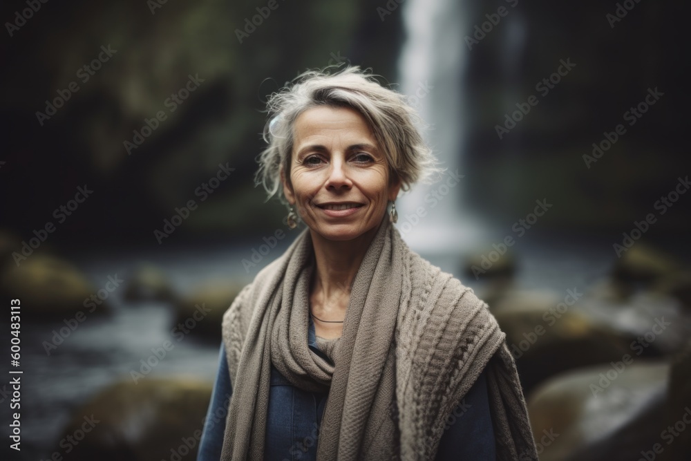 Portrait of smiling senior woman in front of waterfall in the forest Portrait of smiling senior woman in front of waterfall in the forest