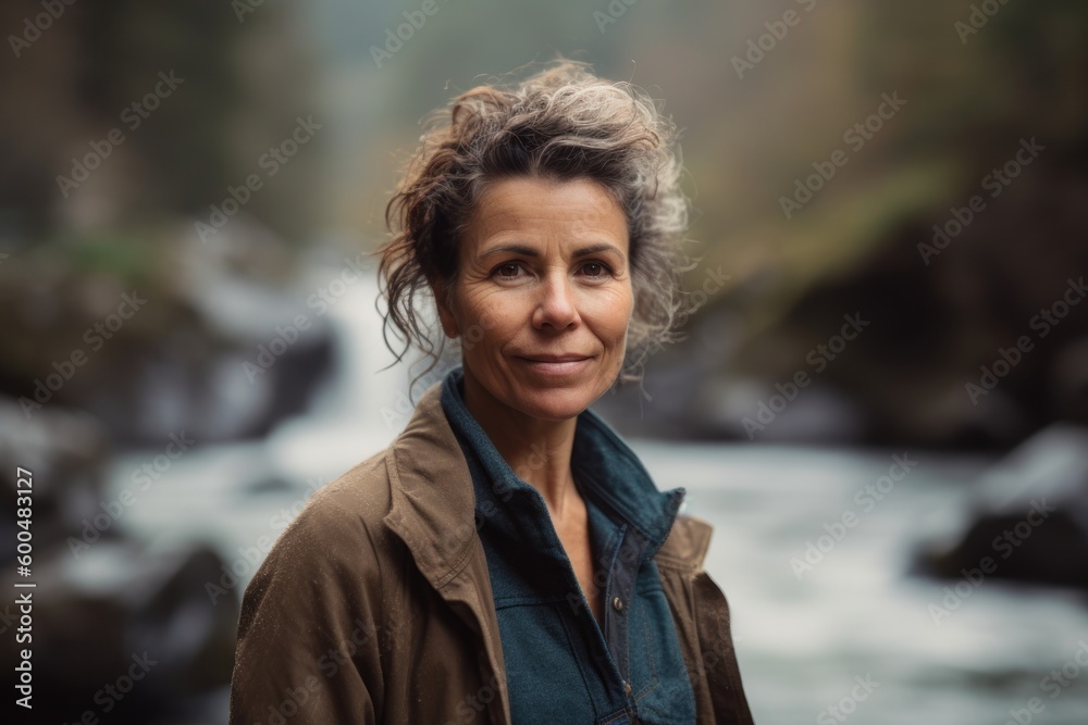 Portrait of a beautiful middle-aged woman on the background of a mountain river Portrait of a beautiful middle-aged woman on the background of a mountain river