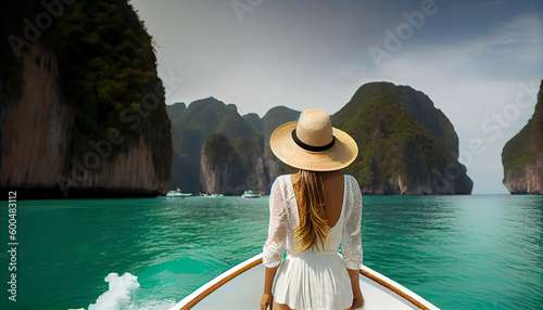 Back shot of tourist woman in white summer dress Ai generated image © PixxStudio
