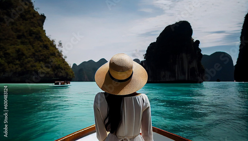 Back shot of tourist woman in white summer dress Ai generated image © PixxStudio