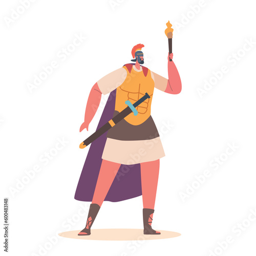 Roman Soldier Character Holds A Torch In Hand Ready To March Through The Dark. The Torch Provides Light