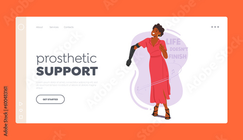 Prosthetic Support Landing Page Template. Disabled Dancer Female Character. Woman Dances Gracefully With Prosthetic Hand