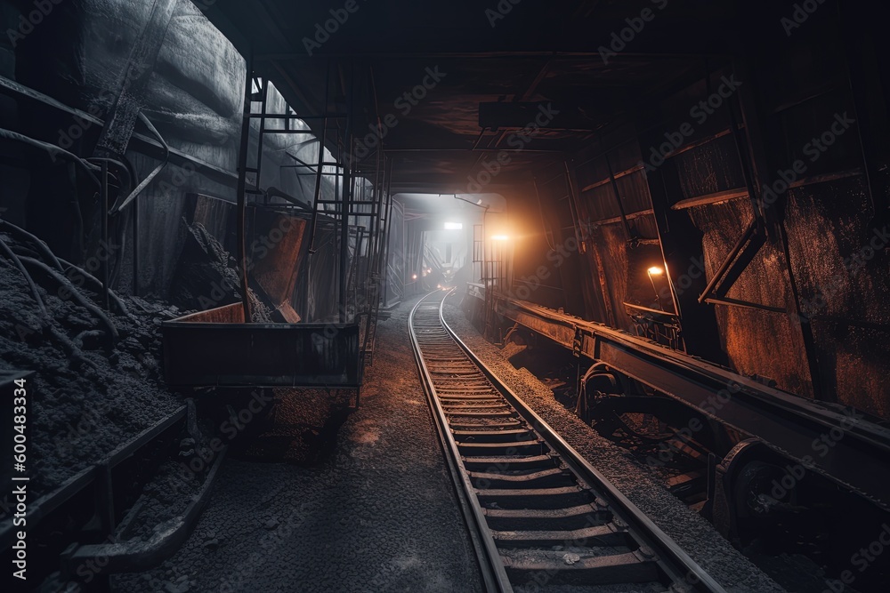 Naklejka premium Long dark journey with a glimpse of light in a coal mine. generative AI