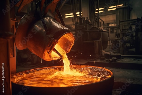 Liquid iron molten metal pouring in container, industrial metallurgical factory, foundry cast, heavy industry background. Generative AI