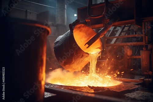 Liquid iron molten metal pouring in container, industrial metallurgical factory, foundry cast, heavy industry background. Generative AI
